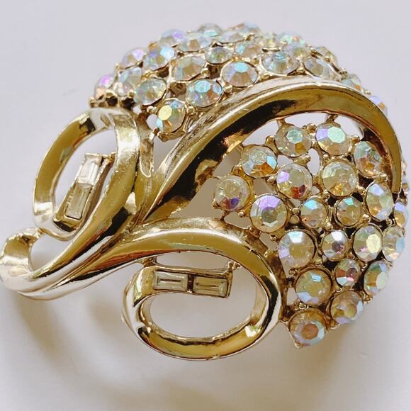Vintage Signed Coro Brooch Mid Century AB Rhinestone Swirl Gold Tone 1950s - Picture 5 of 10